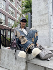 受注制【Never mind the XU】camouflage side damage denim pants (2color) / 【ネバーマインドザエックスユー】カモフラージュサイドダメージワイドデニムパンツ