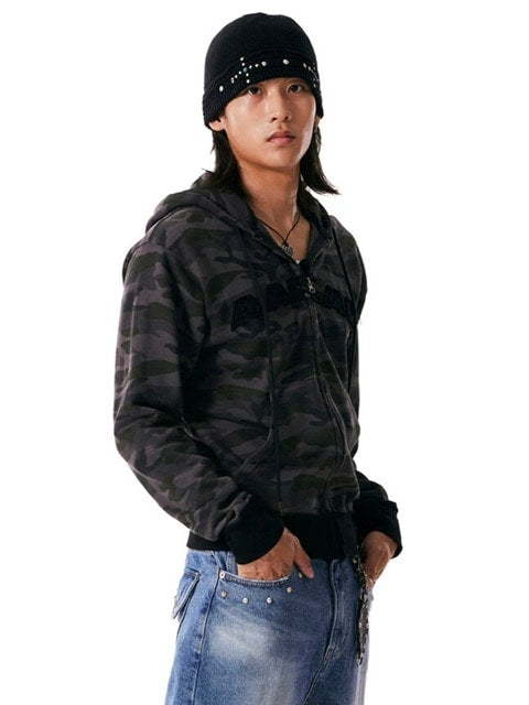 【AAKAM】Contrast Logo Zip-up Hoodie / 【アーカム】コントラストロゴジップアップ長袖パーカー