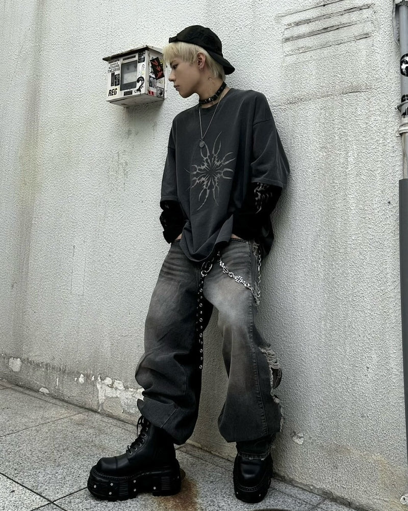 受注制【Never mind the XU】tribal layered long sleeve tee