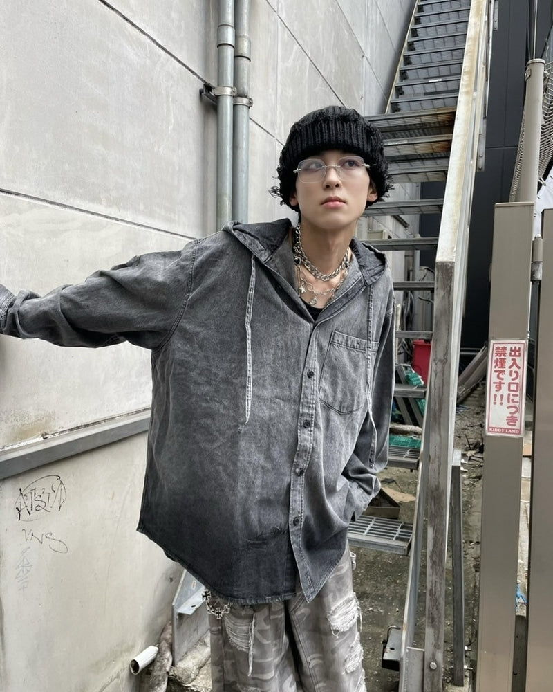 受注制【Never mind the XU】denim hood shirt
