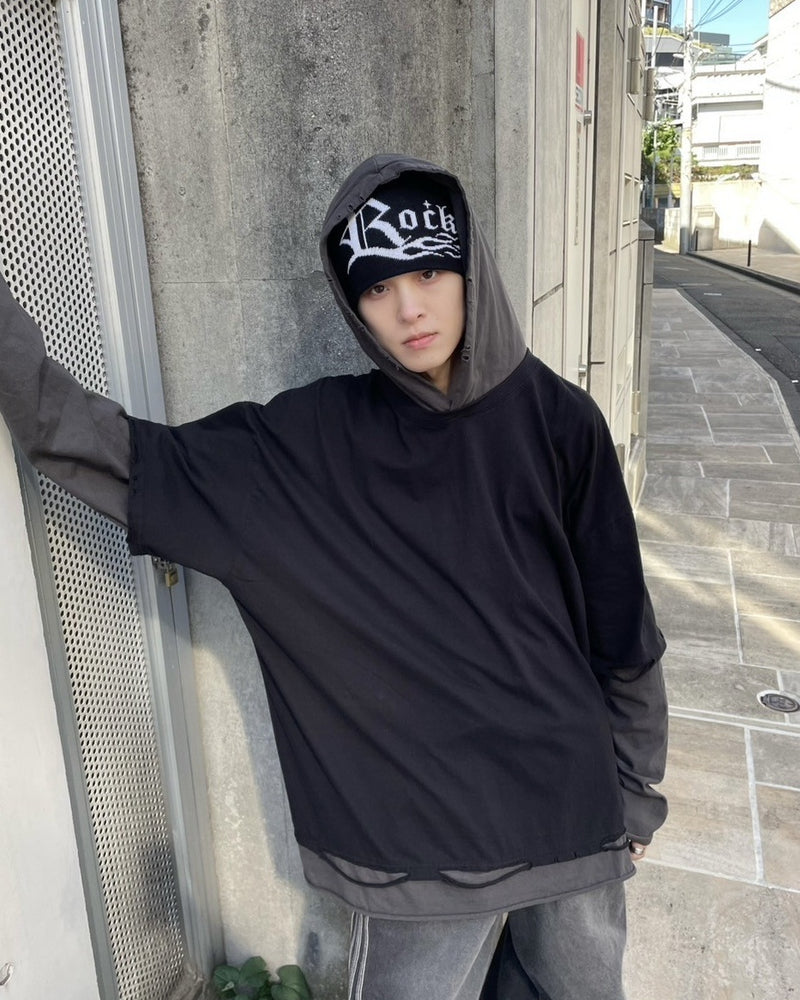 受注制【nmtc +】bi color layered hood long sleeve tee (2color)