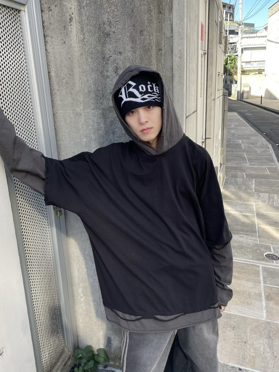 受注制【nmtc +】bi color layered hood long sleeve tee (2color)