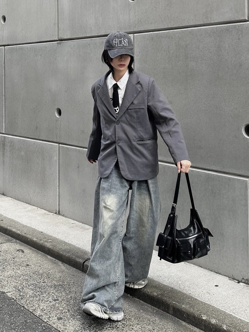 国際配送【LUV CODE】washed denim tuck wide pants