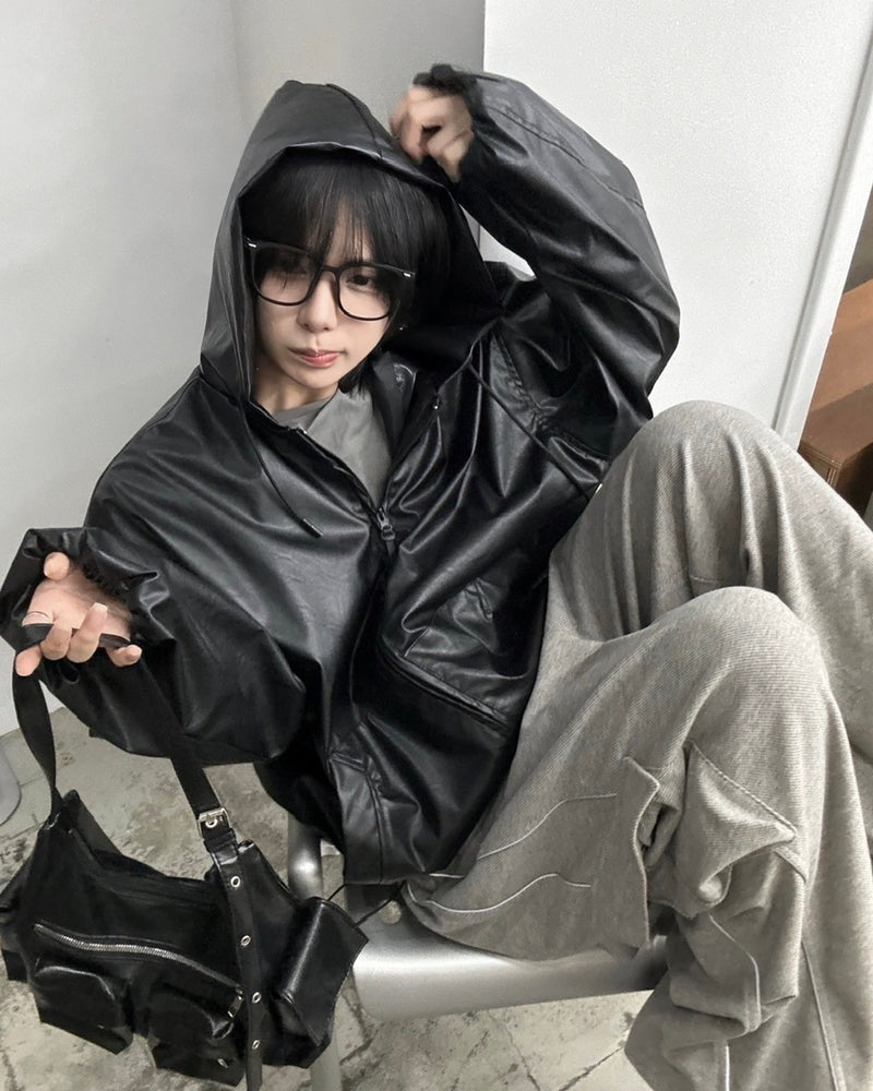 国際配送【LUV CODE】leather hooded jacket