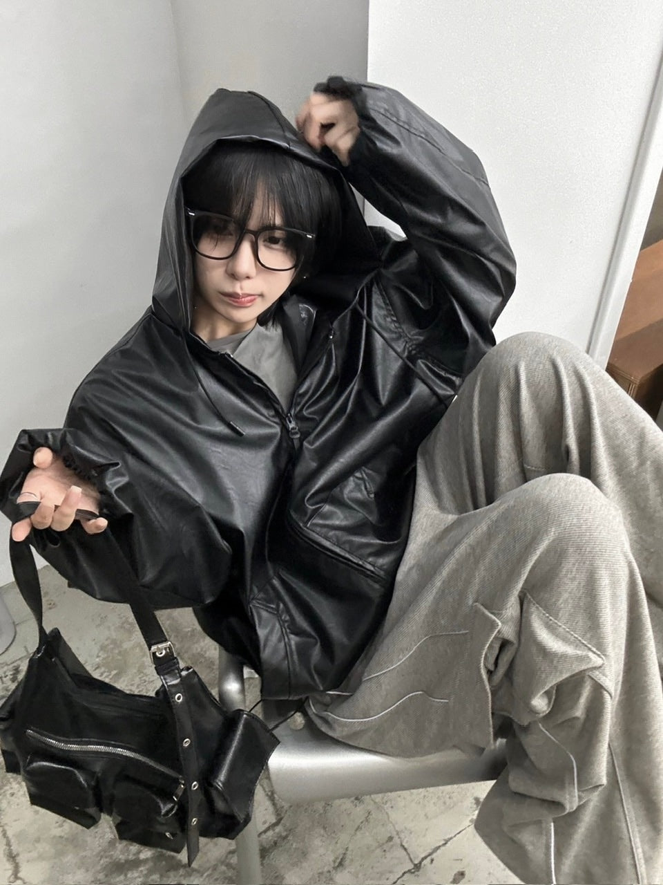 国際配送【LUV CODE】leather hooded jacket