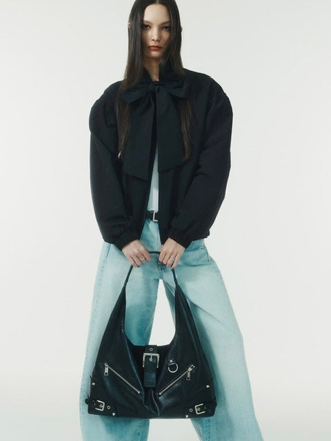 【NOT KNOWING】Black Moto Hobo Bag (LEATHER)