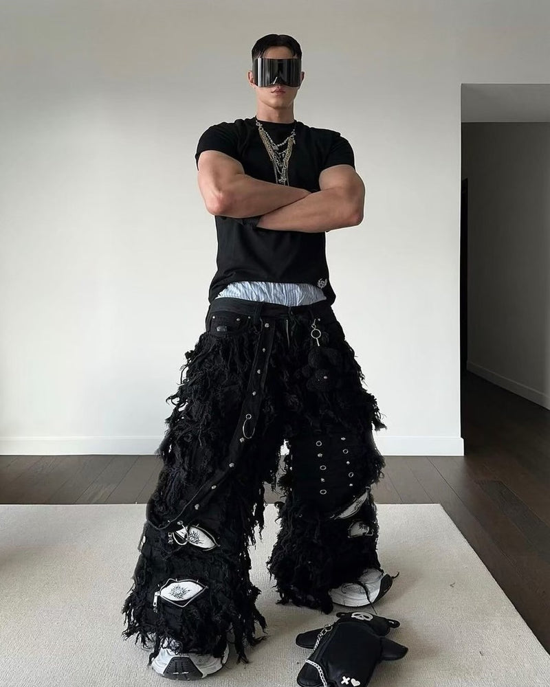 【UNIZ】BLACK MONSTER PANTS / 【ユニズ】ブラックモンスターダメージワイドデニムパンツ
