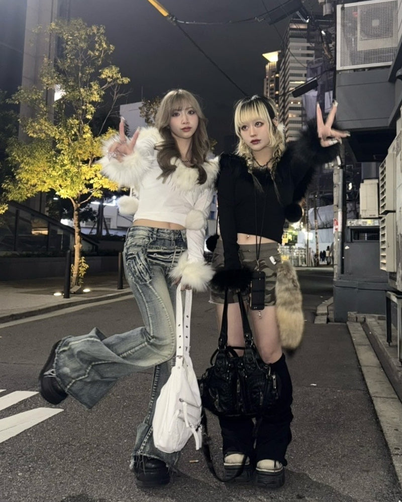受注制【Never mind the XU】v neck crop fur hoodie (2color)