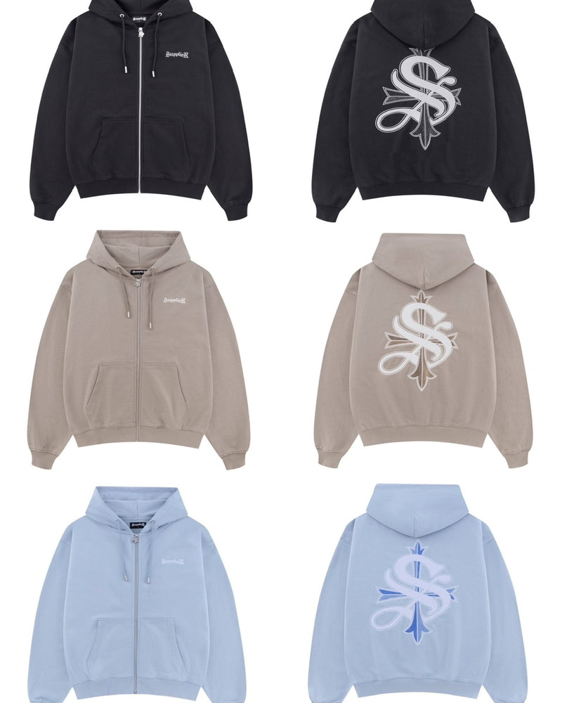 【SUPPLIER】2-Tone Rhinestone Cross Zip Hoodie