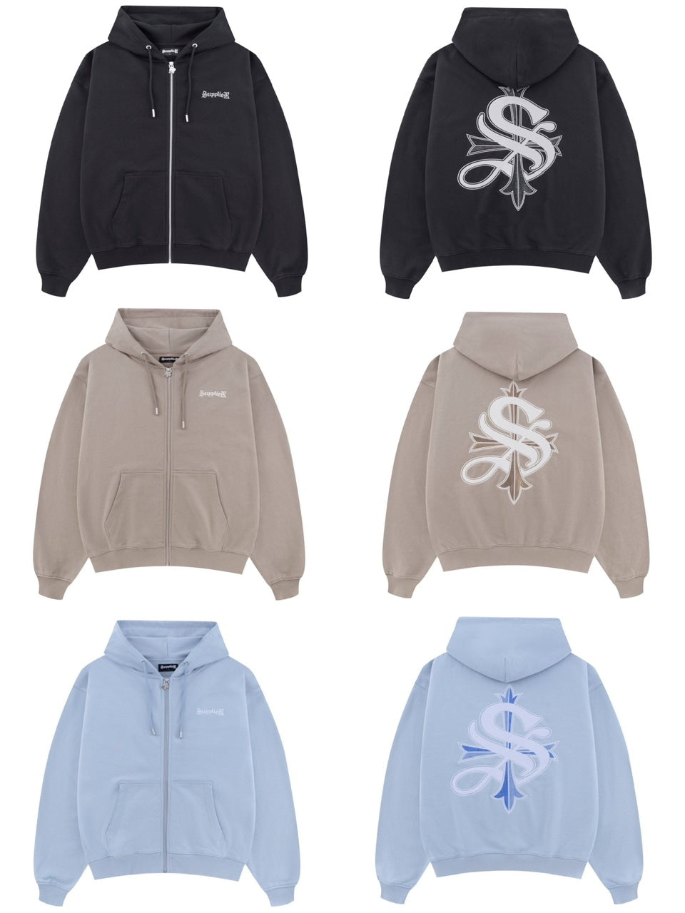 【SUPPLIER】2-Tone Rhinestone Cross Zip Hoodie