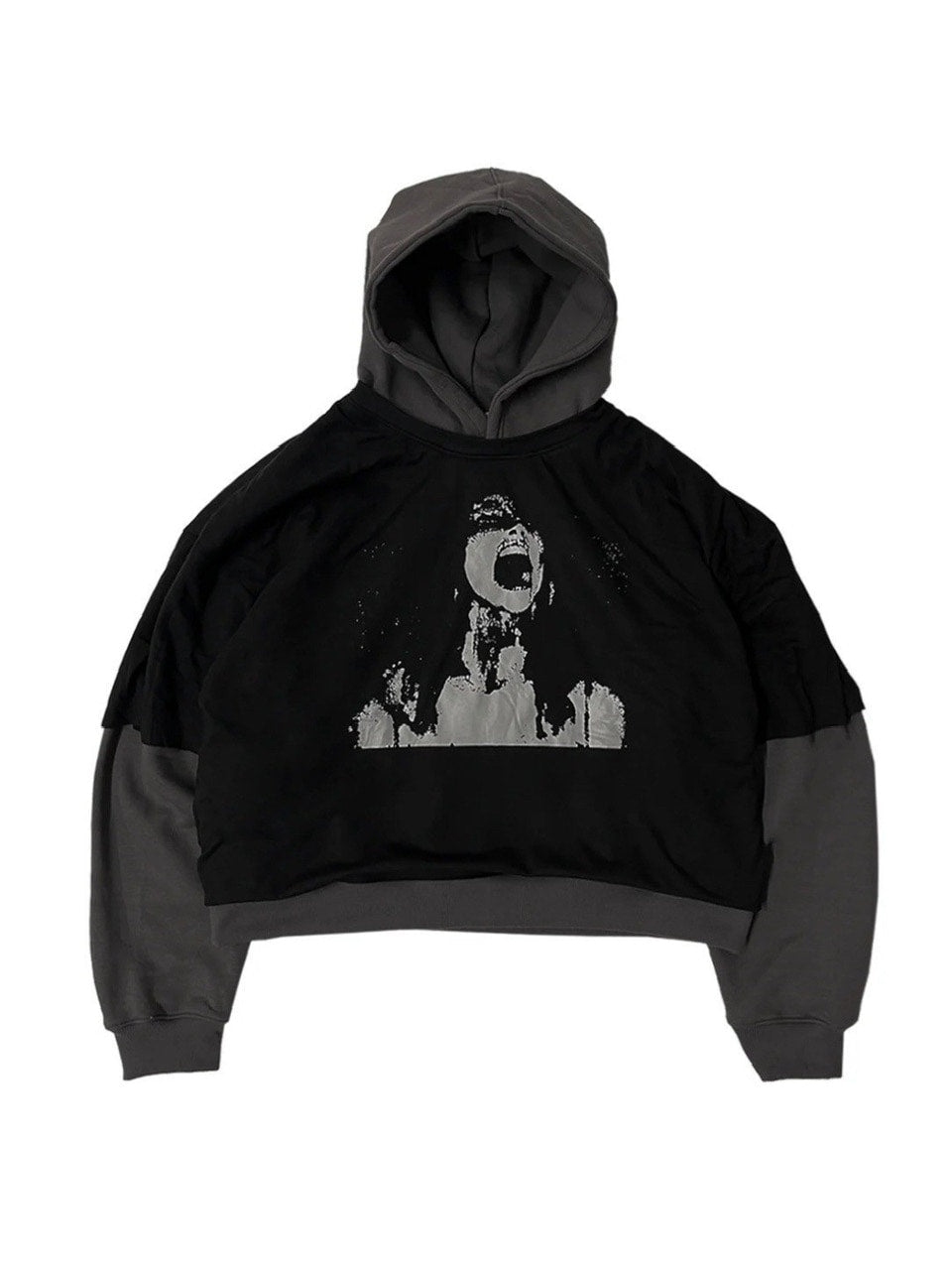 【haveyoudiedbefore?】Despair, Shirt Hoodie / 【ハブユーダイドビフォー?】グラフィックレイヤードプルオーバーパーカー