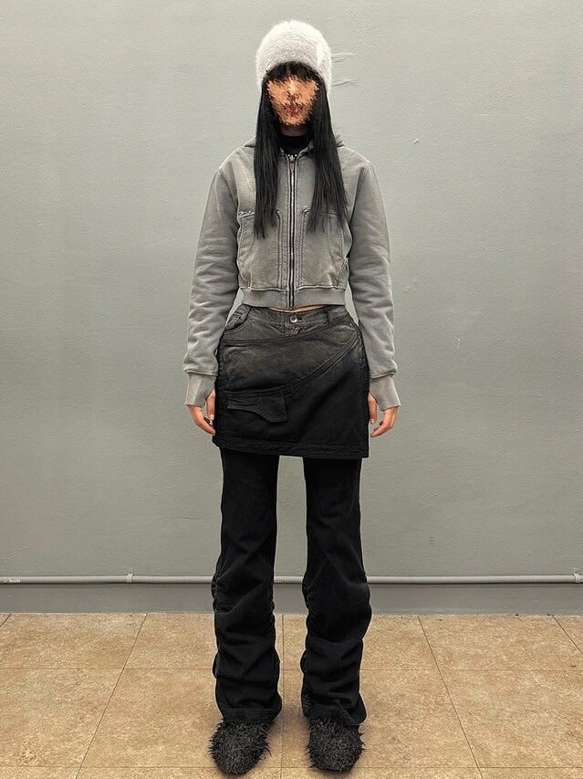 【BLR BLUER】BLEACHED CURVED INCISION SWEAT HOODIE ZIP-UP (Ｗ)