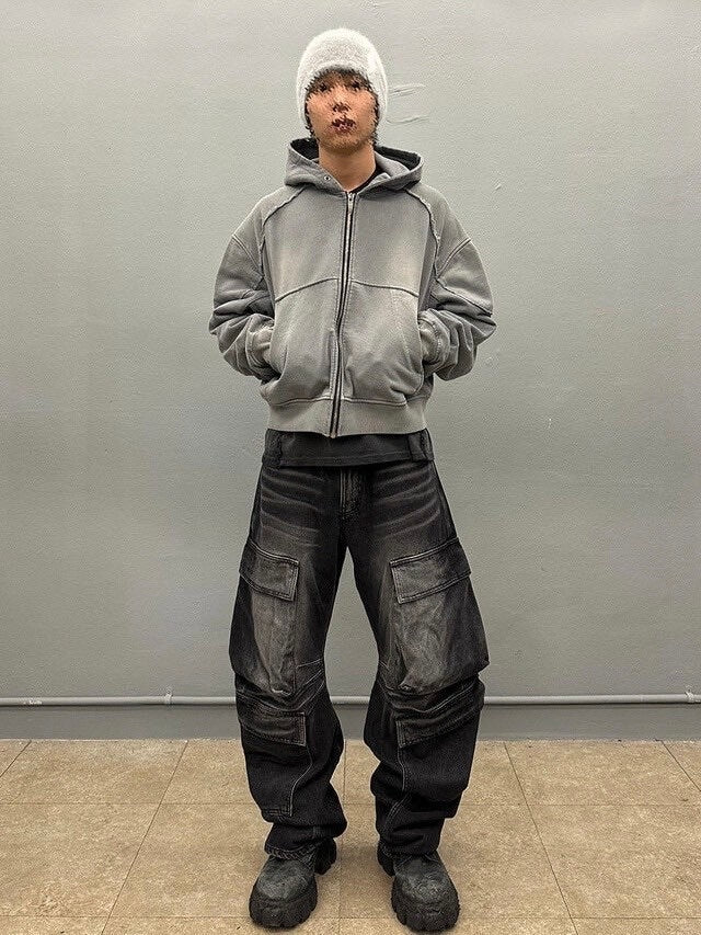 【BLR BLUER】BLEACHED CURVED INCISION SWEAT HOODIE ZIP-UP (Ｍ)