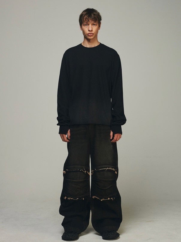 【BLR BLUER】KNEE POINT WASHED DENIM PANTS BROWN