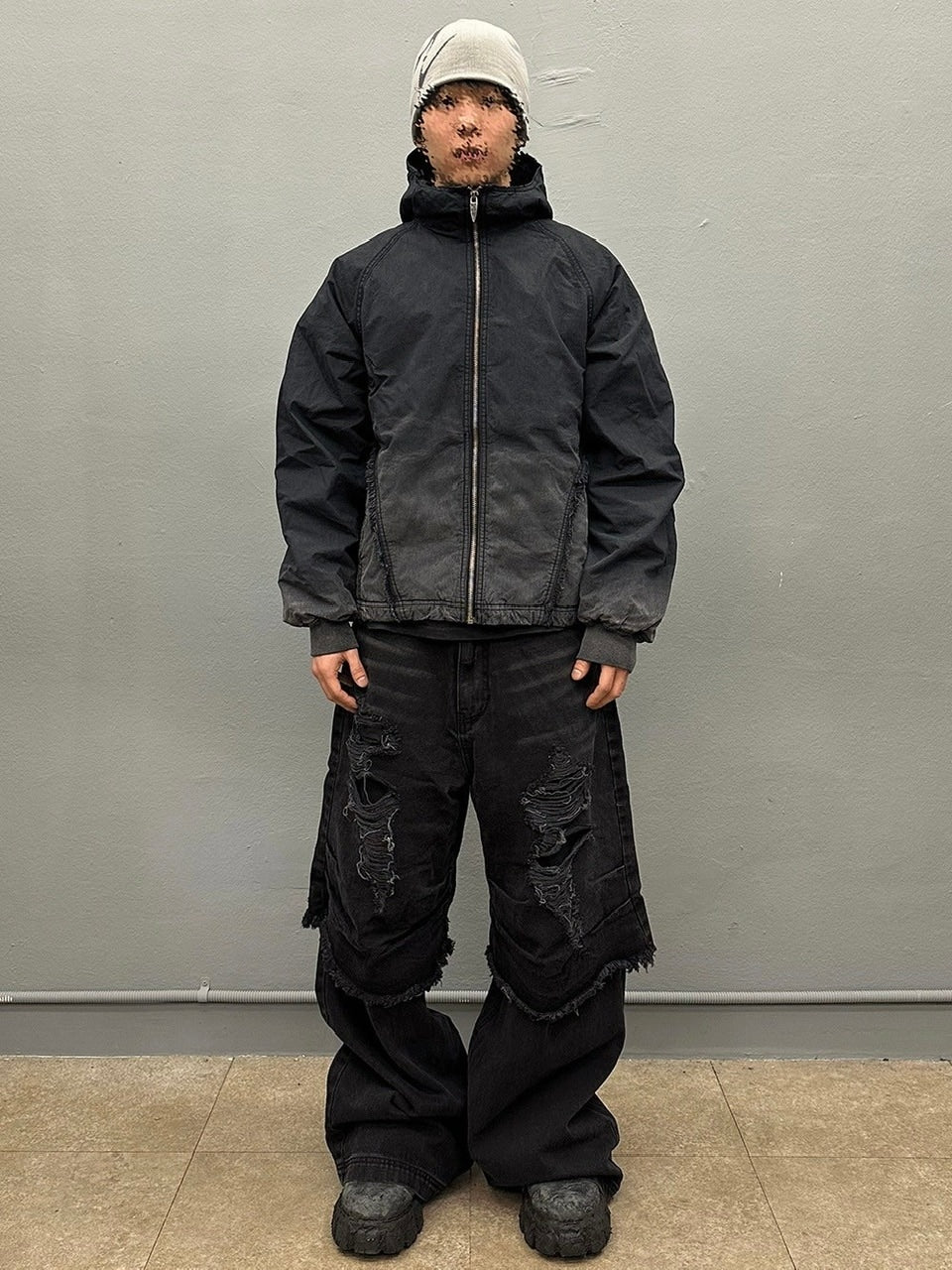 【BLR BLUER】Destroyed Double Denim Pants