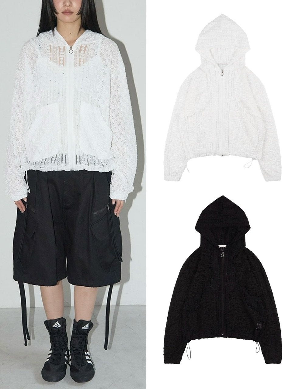 【FANCY CLUB】PLUMPY LACE LINE HOOD ZIP-UP / 【ファンシークラブ】レースメッシュジップアップパーカー