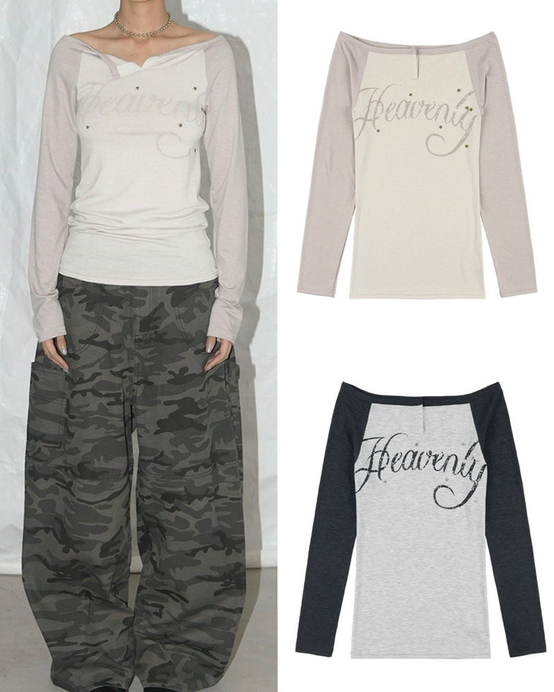 【FANCY CLUB】HEAVENLY OFF-SHOULDER LONG SLEEVE / 【ファンシークラブ】オフショルダーレタリングプリント長袖Tシャツ