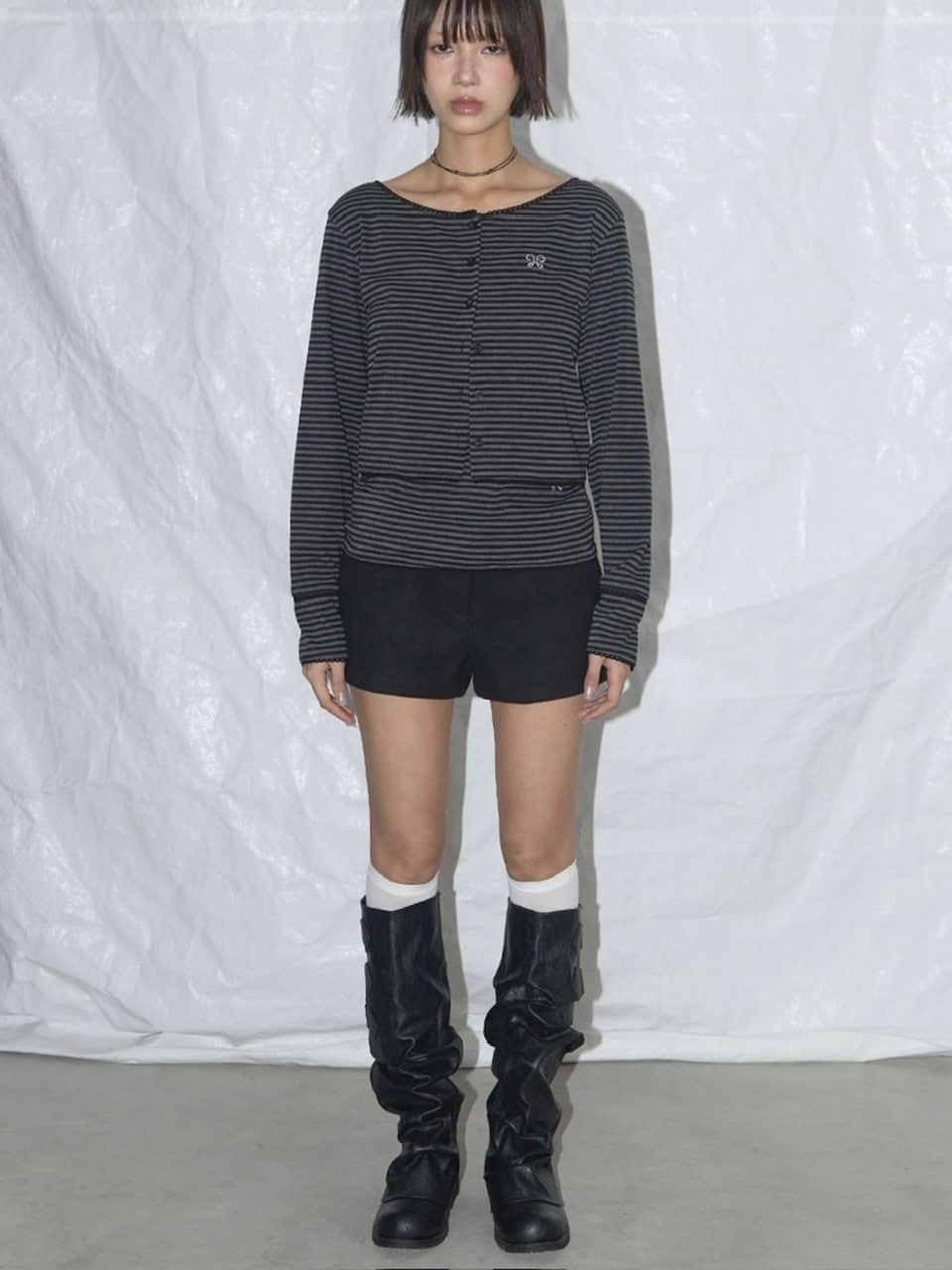 【FANCY CLUB】LACE STRIPE BASIC CARDIGAN