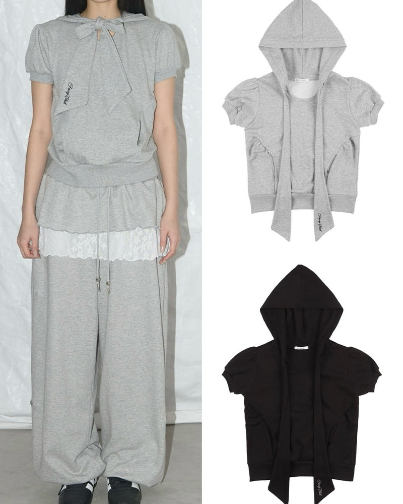【FANCY CLUB】PUFF ROUND SCARF HOODIE / 【ファンシークラブ】パフスリーブラウンドネックスカーフショートパーカー