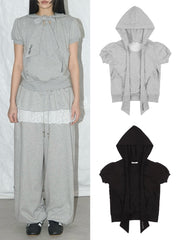 【FANCY CLUB】PUFF ROUND SCARF HOODIE / 【ファンシークラブ】パフスリーブラウンドネックスカーフショートパーカー