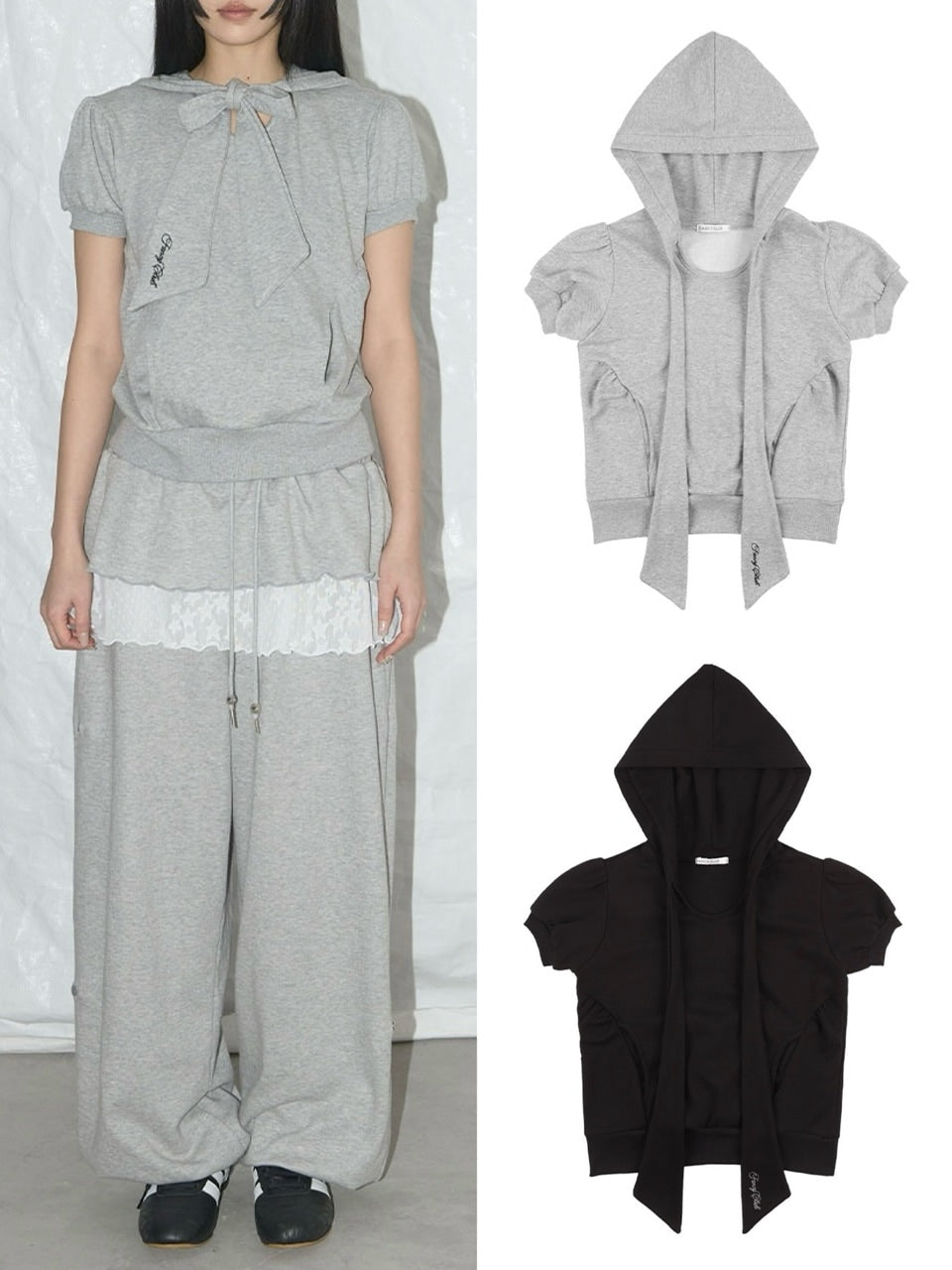 【FANCY CLUB】PUFF ROUND SCARF HOODIE / 【ファンシークラブ】パフスリーブラウンドネックスカーフショートパーカー