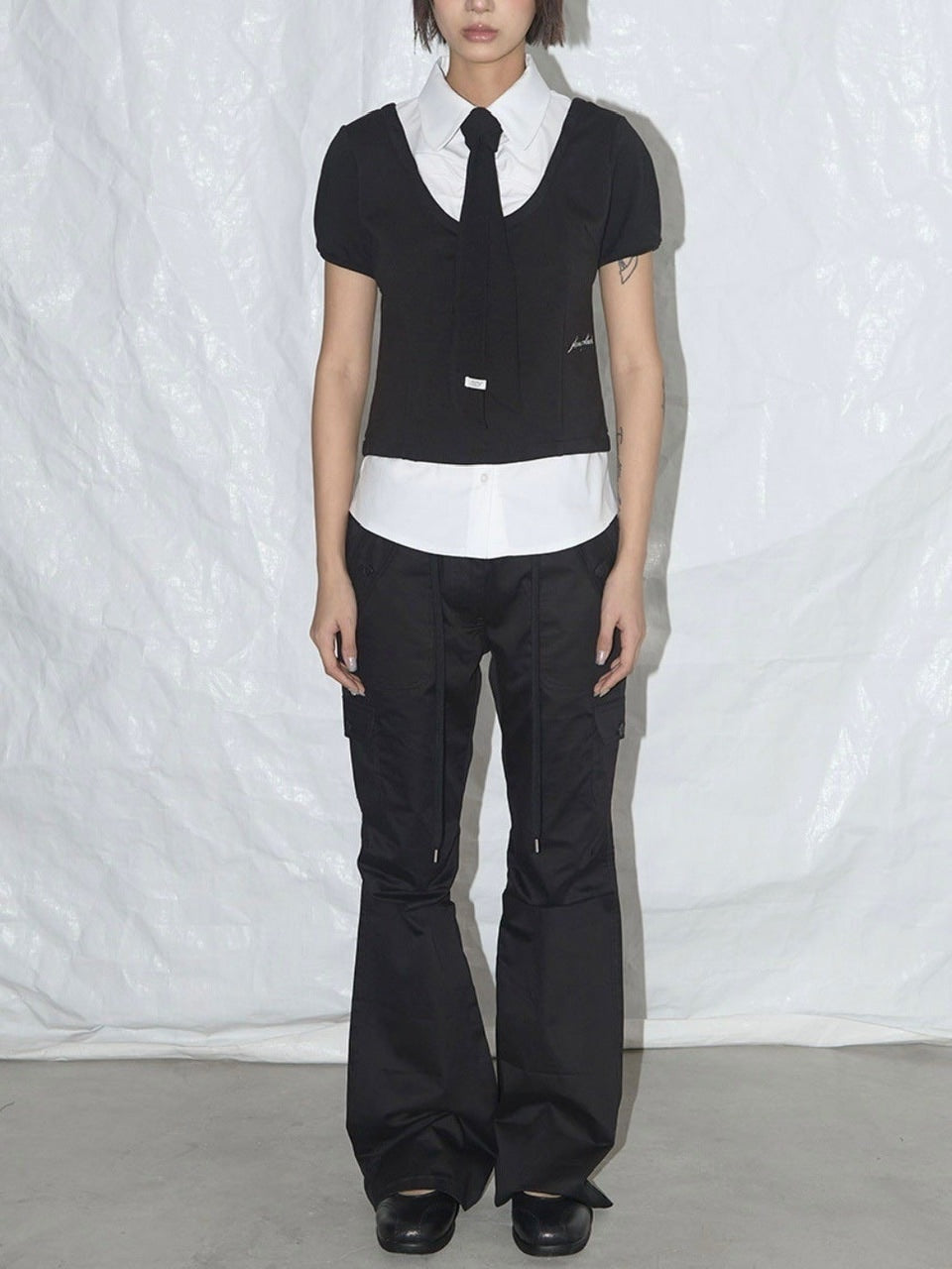 【FANCY CLUB】PREPPY RIBBON TIE SHIRT / 【ファンシークラブ】プレッピーリボンタイレイヤード半袖シャツ