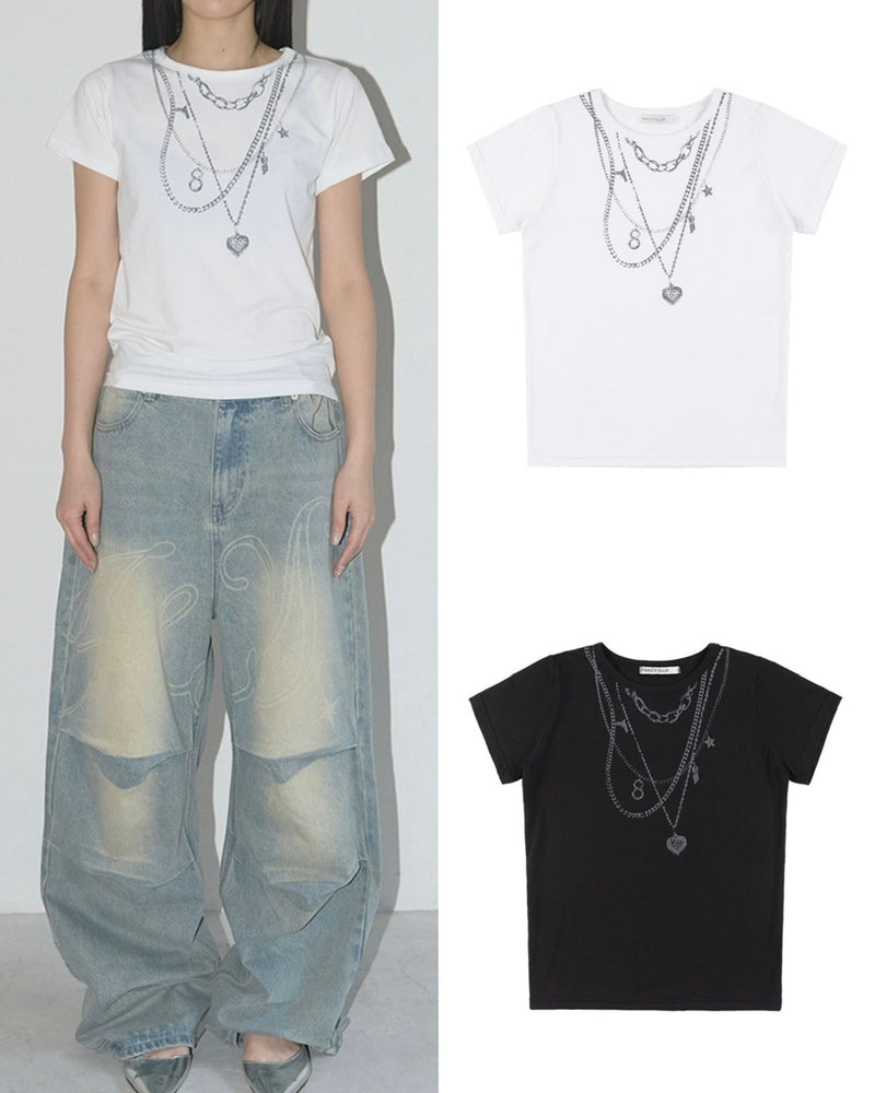 【FANCY CLUB】DUAL CHARM NECKLACE TEE / 【ファンシークラブ】チャームネックレスプリント半袖Tシャツ