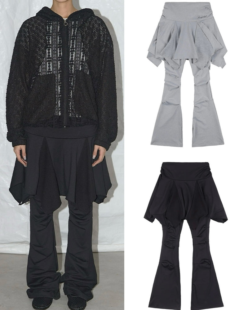 【FANCY CLUB】UNBALANCE SKIRT LAYERED PINTUCK PANTS