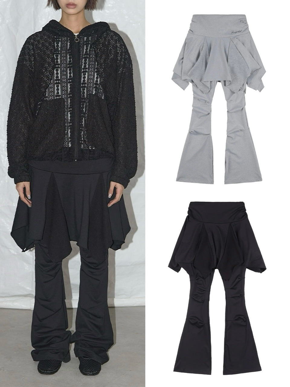 【FANCY CLUB】UNBALANCE SKIRT LAYERED PINTUCK PANTS