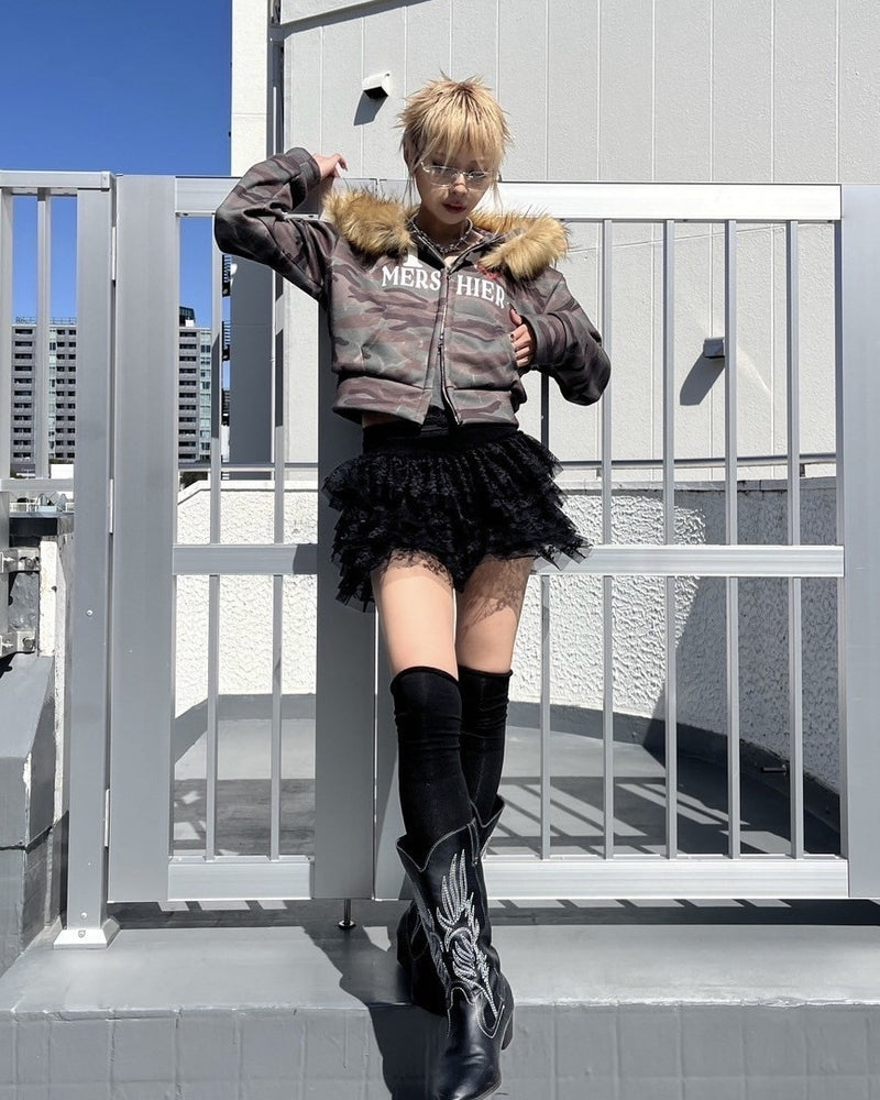 受注制【Never mind the XU】camouflage fur hood zipup /【ネバーマインドエックスユー】カモフラージュファーフードジップアップパーカー