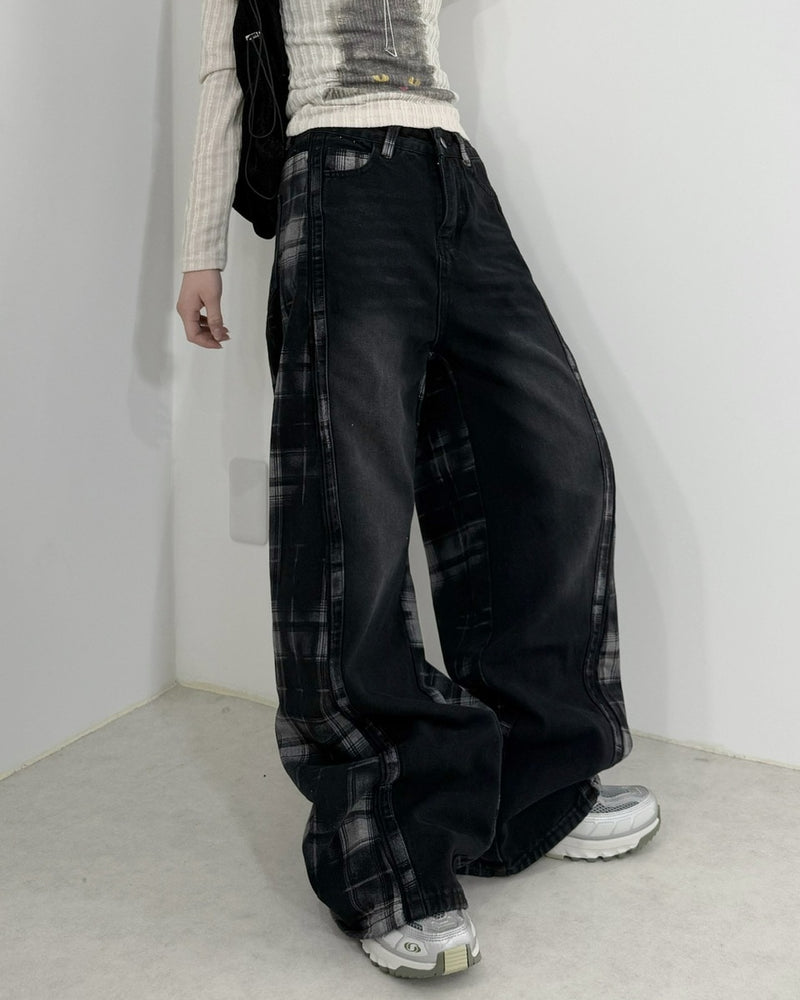 国際配送【Nerd out XU】high waist check wide denim pants