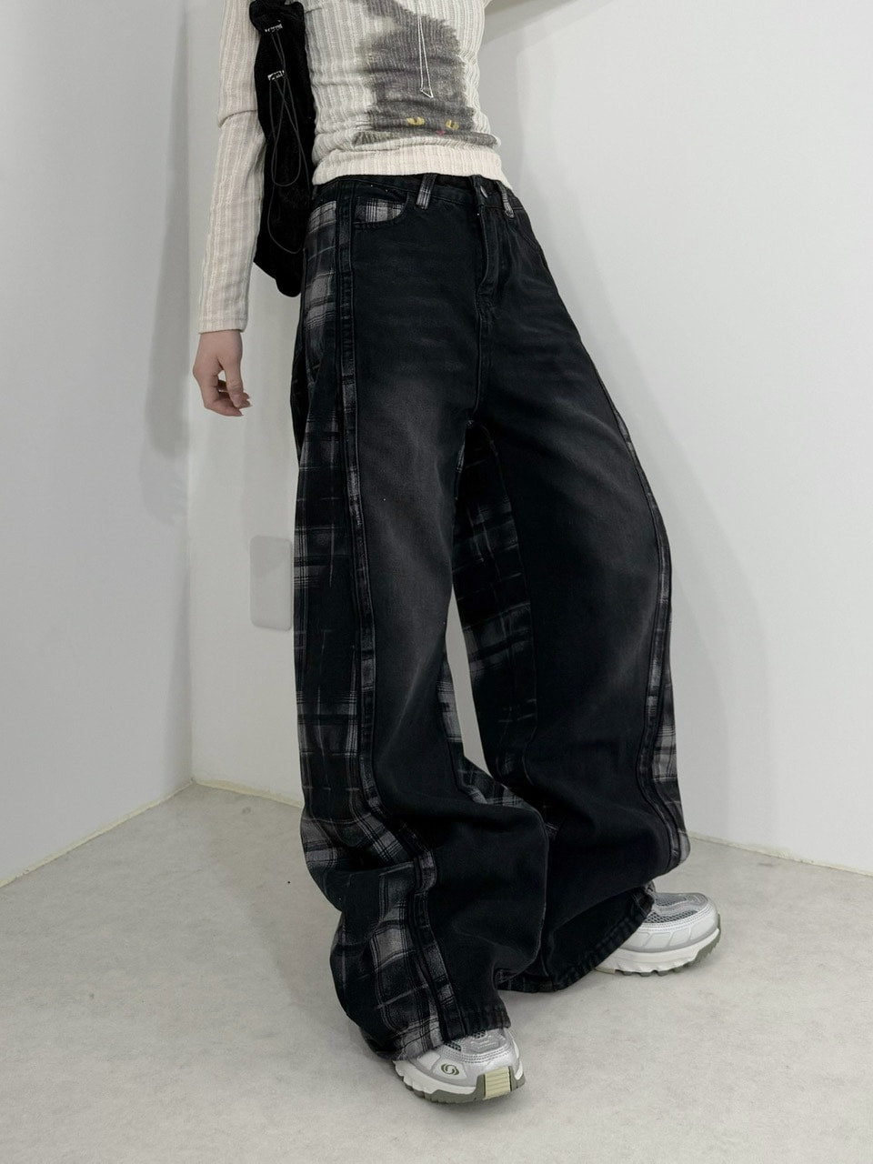 国際配送【Nerd out XU】high waist check wide denim pants