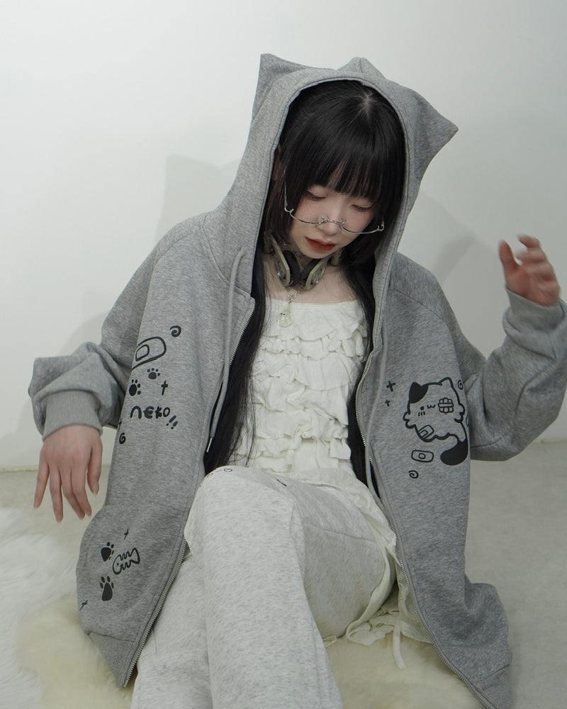 国際配送【Nerd out XU】neko!! Zip hoodie (2color) / 【ナードアウトエックスユー】キャットプリント猫耳ジップフーディ