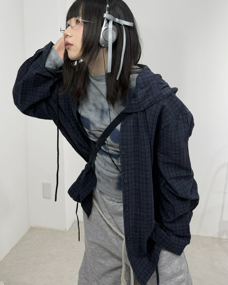 国際配送【Nerd out XU】blue check hoodie shirt