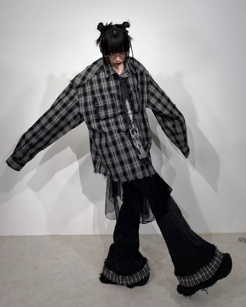 国際配送【Nerd out XU】check frill hem flare denim pants / 【ナードアウトエックスユー】チェックフリルヘムフレアデニムパンツ