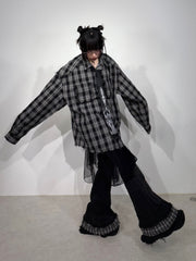 国際配送【Nerd out XU】check frill hem flare denim pants / 【ナードアウトエックスユー】チェックフリルヘムフレアデニムパンツ