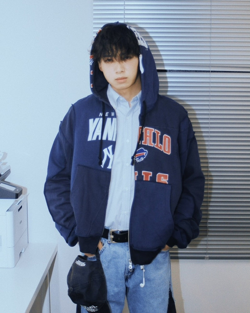 【Re +】double zip cutting switch hoodie (navy)