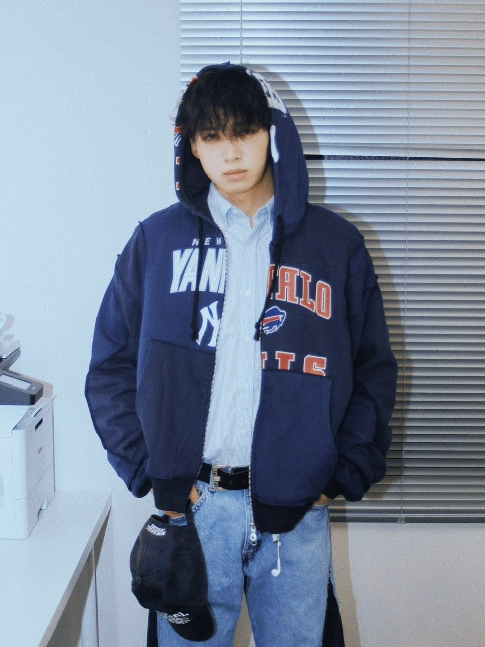 【Re +】double zip cutting switch hoodie (navy)