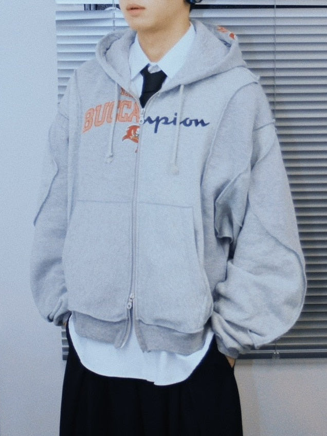 【Re +】double zip cutting switch hoodie (gray)