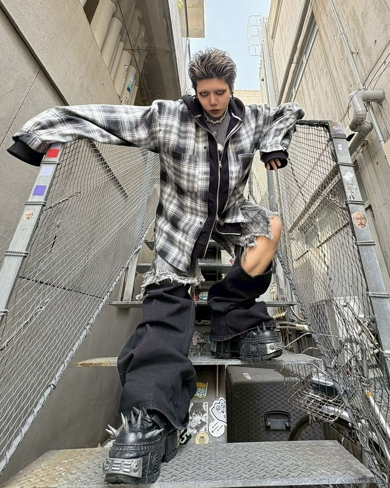 受注制【Never mind the XU】layered check shirts / 【ネバーマインドザエックスユー】レイヤードチェックフード長袖シャツパーカー
