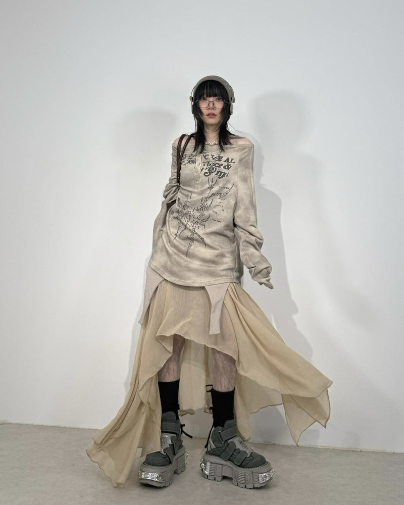 国際配送【Nerd out XU】asymmetry sheer long skirt (2color)