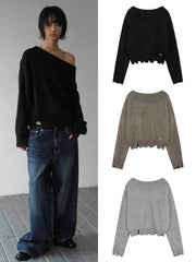 【ROCK CAKE】Off Shoulder Damaged Knit