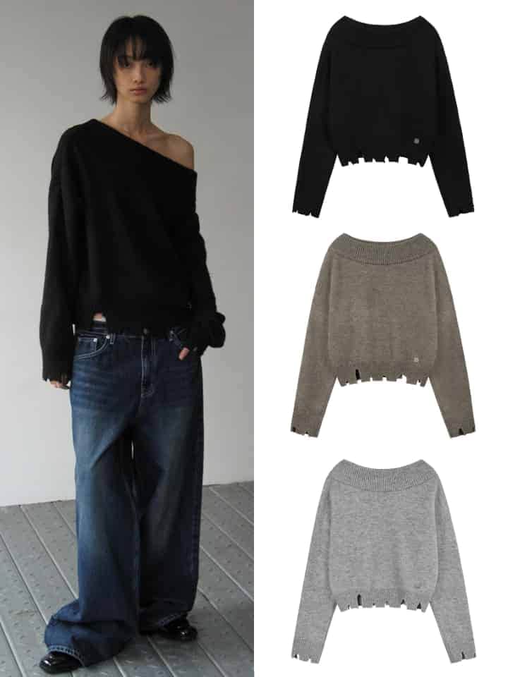 【ROCK CAKE】Off Shoulder Damaged Knit