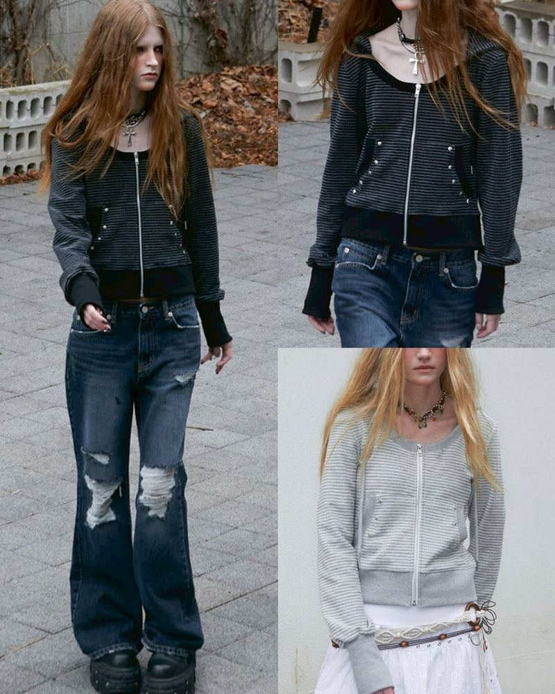 【NOT KNOWING】U Neck Stripe Hood Zip Up
