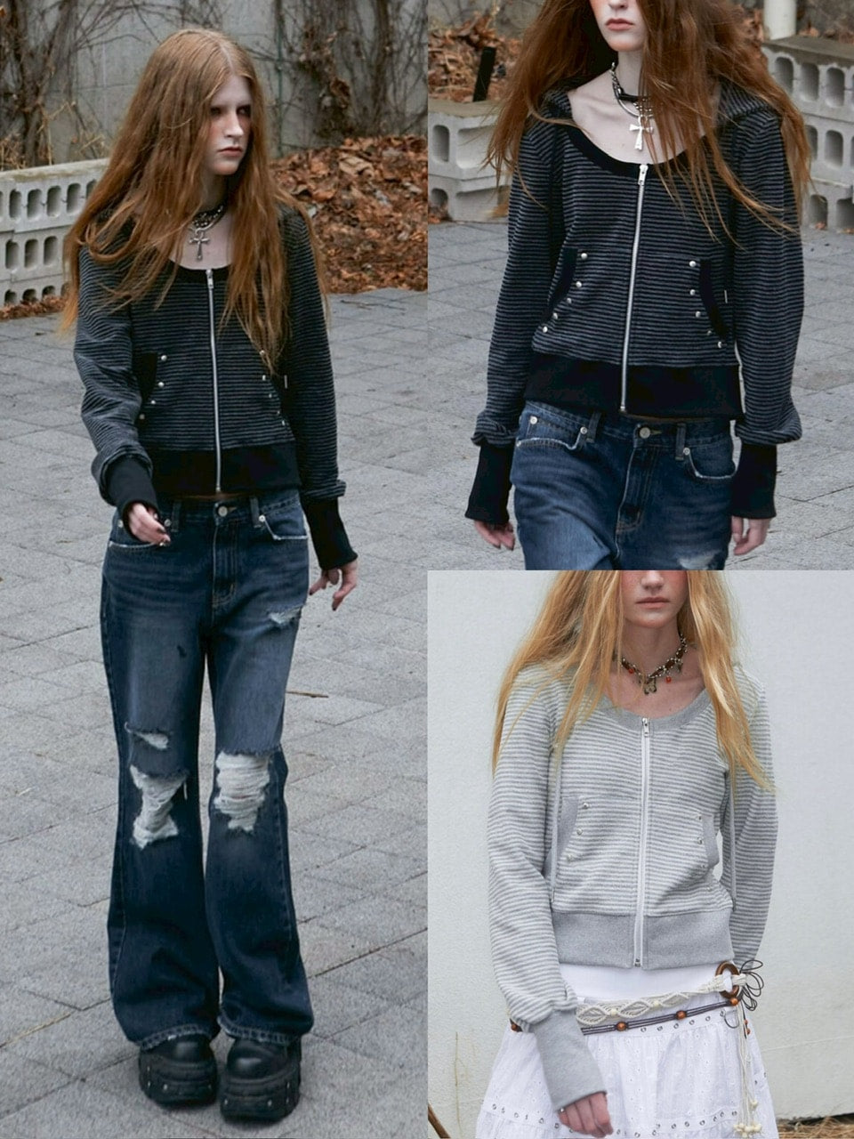 【NOT KNOWING】U Neck Stripe Hood Zip Up