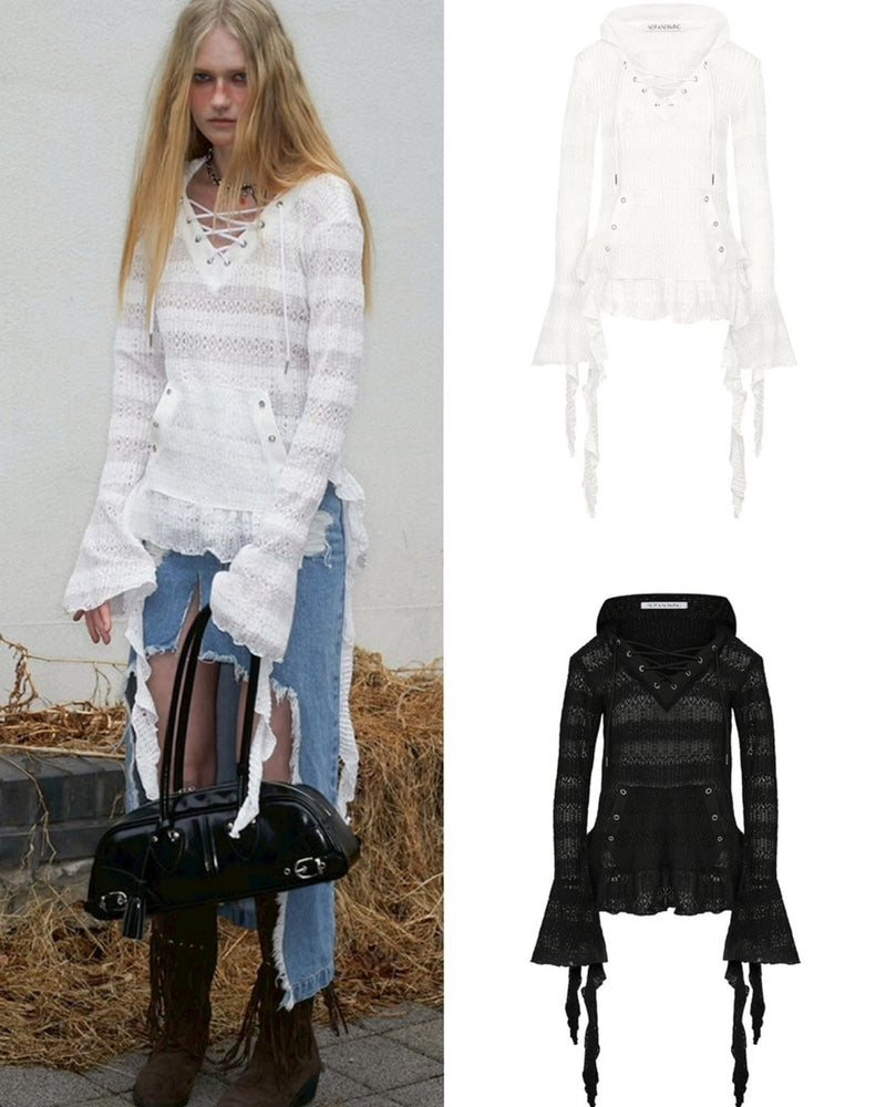 【NOT KNOWING】Lace V Neck Ruffle Hoodie