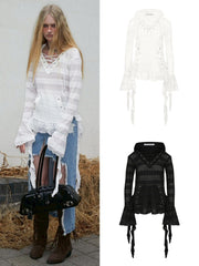 【NOT KNOWING】Lace V Neck Ruffle Hoodie