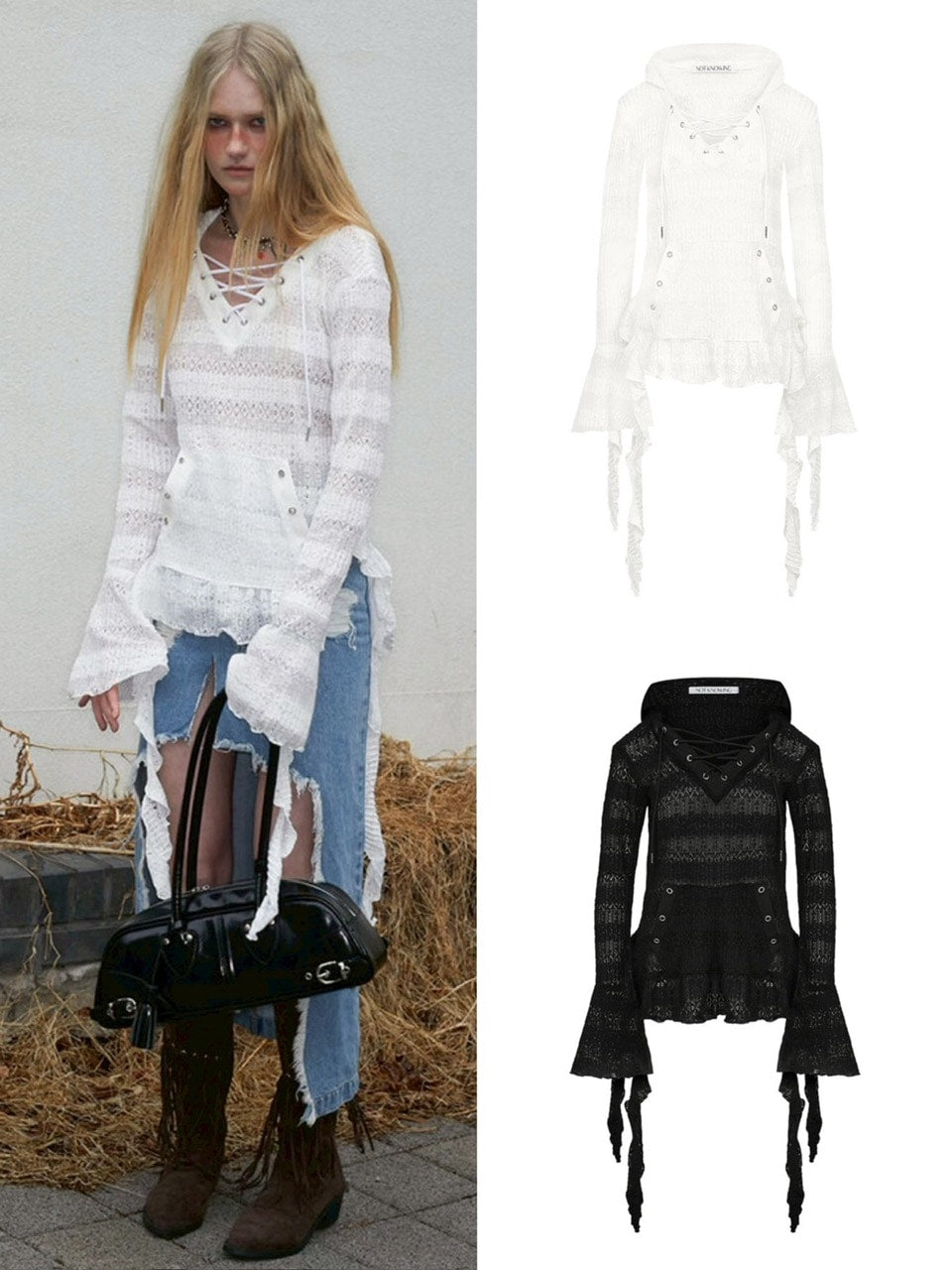 【NOT KNOWING】Lace V Neck Ruffle Hoodie