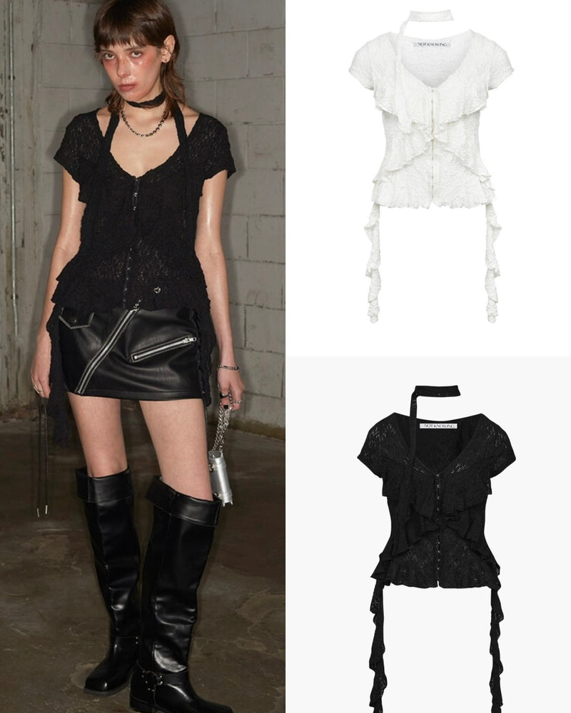 【NOT KNOWING】Grunge Ruffle Blouse / 【ノットノーイング】グランジラッフル半袖ブラウスシャツ