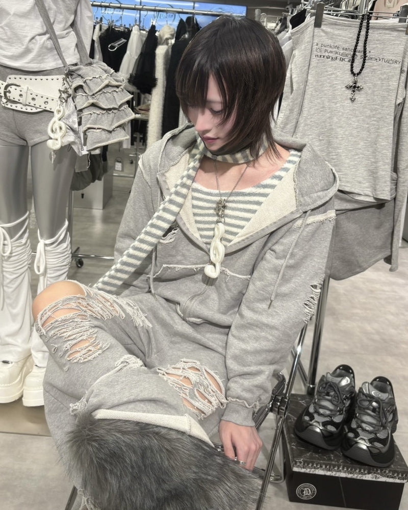 【nmtc +】damage cropped zip up hoodie / 【エヌエムティーシープラス】ダメージクロップドジップパーカー (2color)